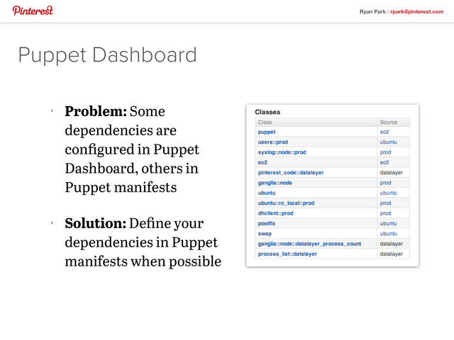 Ryan Park / rpark@pinterest.com
‣
Problem: Some
dependencies are
conﬁgured in Puppet
Dashboard, others in
Puppet manifests
‣
Solution: Deﬁne your
dependencies in Puppet
manifests when possible
Puppet Dashboard
