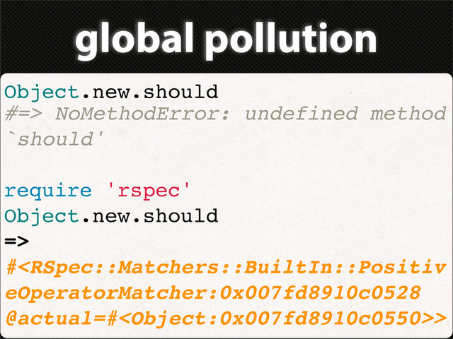 global pollution
Object.new.should
#=> NoMethodError: undefined method
`should'
require 'rspec'
Object.new.should
=>
#>
