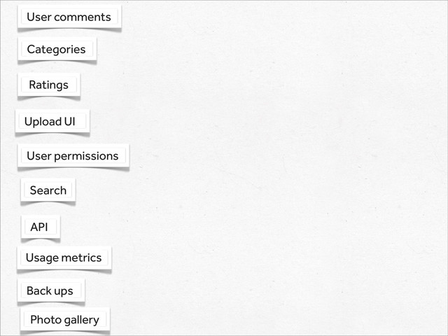 API
User permissions
Search
Usage metrics
Photo gallery
User comments
Ratings
Upload UI
Categories
Back ups
