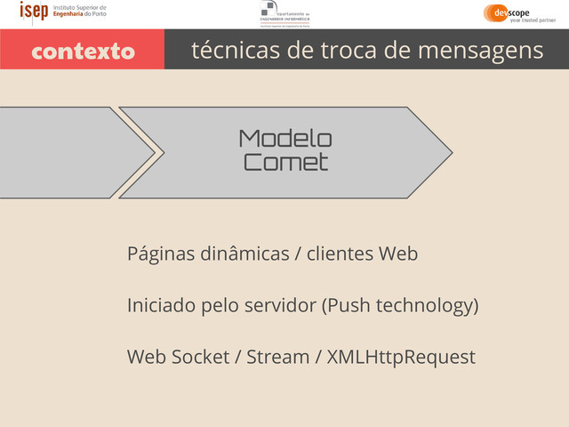 Modelo
Comet
Páginas dinâmicas / clientes Web
Iniciado pelo servidor (Push technology)
Web Socket / Stream / XMLHttpRequest
contexto técnicas de troca de mensagens
