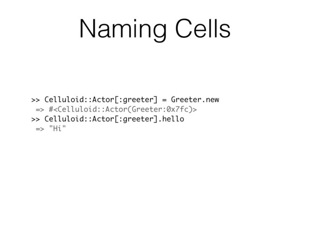 >> Celluloid::Actor[:greeter] = Greeter.new
=> #
>> Celluloid::Actor[:greeter].hello
=> "Hi"
Naming Cells
