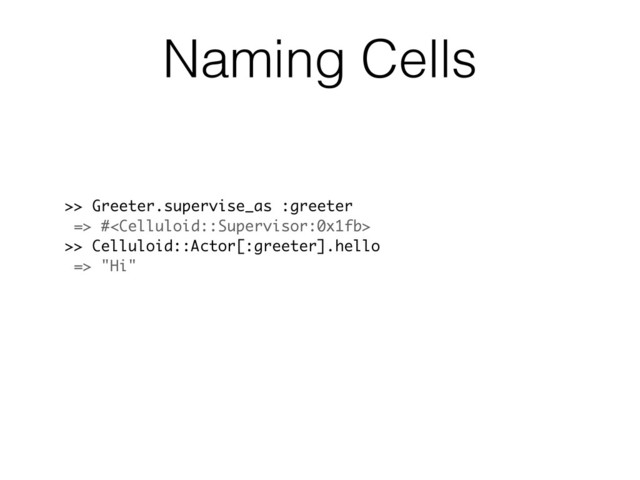 >> Greeter.supervise_as :greeter
=> #
>> Celluloid::Actor[:greeter].hello
=> "Hi"
Naming Cells
