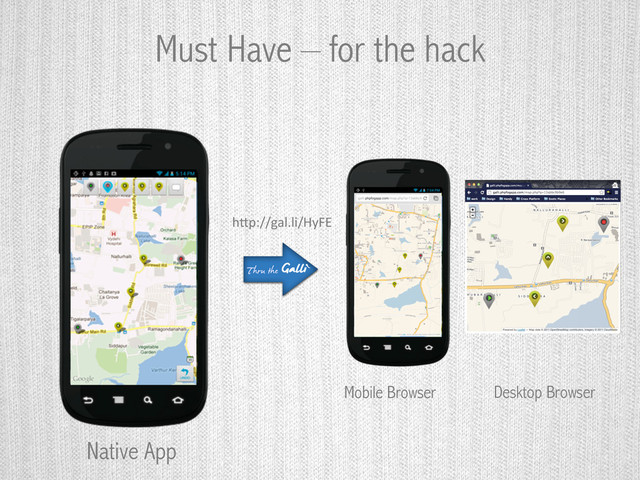 h,p://gal.li/HyFE	  
Must Have – for the hack
Native App
Mobile Browser Desktop Browser
