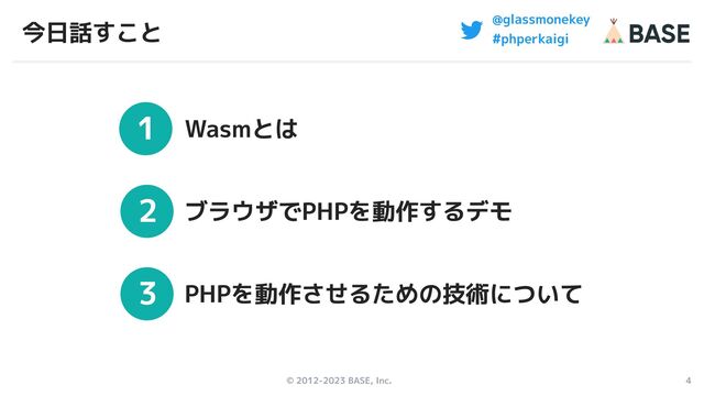© 2012-2023 BASE, Inc. 4
1
2
3
@glassmonekey
#phperkaigi
Wasmとは
ブラウザでPHPを動作するデモ
PHPを動作させるための技術について
今日話すこと
