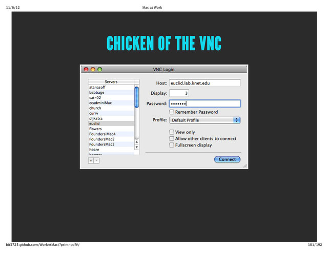 11/6/12 Mac at Work
101/192
bit3725.github.com/WorkAtMac/?print‑pdf#/
CHICKEN OF THE VNC
