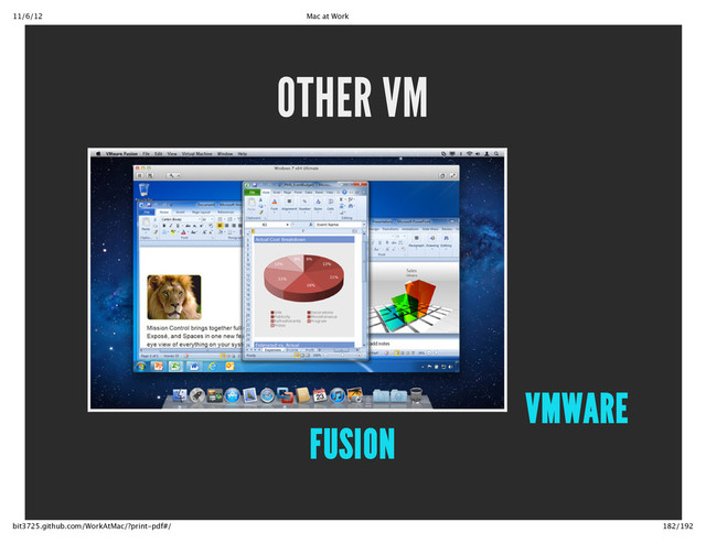 11/6/12 Mac at Work
182/192
bit3725.github.com/WorkAtMac/?print‑pdf#/
OTHER VM
VMWARE
FUSION
