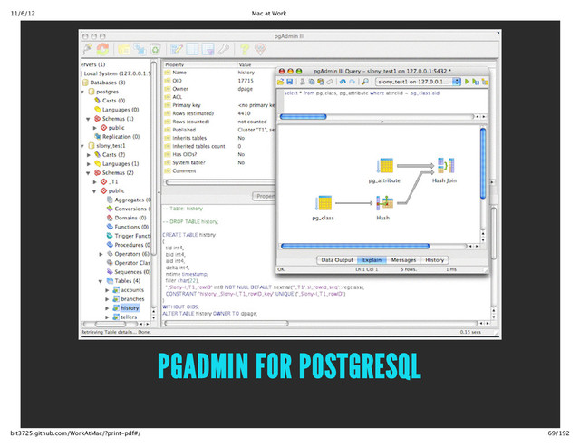 11/6/12 Mac at Work
69/192
bit3725.github.com/WorkAtMac/?print‑pdf#/
PGADMIN FOR POSTGRESQL
