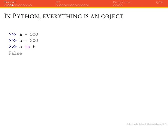 PyTorch under the hood - Christian S. Perone (2019)
TENSORS JIT PRODUCTION Q&A
IN PYTHON, EVERYTHING IS AN OBJECT
>>> a = 300
>>> b = 300
>>> a is b
False
