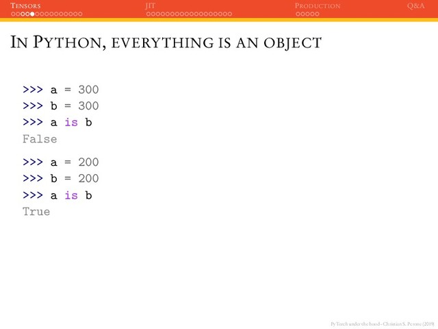 PyTorch under the hood - Christian S. Perone (2019)
TENSORS JIT PRODUCTION Q&A
IN PYTHON, EVERYTHING IS AN OBJECT
>>> a = 300
>>> b = 300
>>> a is b
False
>>> a = 200
>>> b = 200
>>> a is b
True
