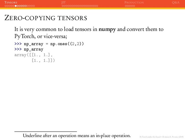 PyTorch under the hood - Christian S. Perone (2019)
TENSORS JIT PRODUCTION Q&A
ZERO-COPYING TENSORS
It is very common to load tensors in numpy and convert them to
PyTorch, or vice-versa;
>>> np_array = np.ones((2,2))
>>> np_array
array([[1., 1.],
[1., 1.]])
Underline after an operation means an in-place operation.
