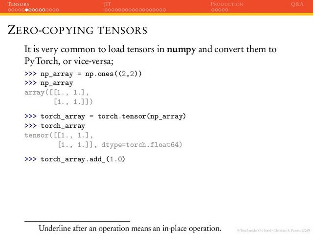 PyTorch under the hood - Christian S. Perone (2019)
TENSORS JIT PRODUCTION Q&A
ZERO-COPYING TENSORS
It is very common to load tensors in numpy and convert them to
PyTorch, or vice-versa;
>>> np_array = np.ones((2,2))
>>> np_array
array([[1., 1.],
[1., 1.]])
>>> torch_array = torch.tensor(np_array)
>>> torch_array
tensor([[1., 1.],
[1., 1.]], dtype=torch.float64)
>>> torch_array.add_(1.0)
Underline after an operation means an in-place operation.
