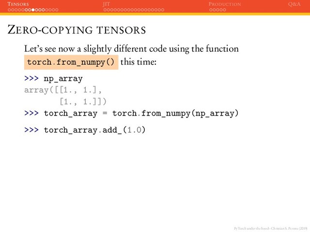 PyTorch under the hood - Christian S. Perone (2019)
TENSORS JIT PRODUCTION Q&A
ZERO-COPYING TENSORS
Let’s see now a slightly different code using the function
torch.from_numpy() this time:
>>> np_array
array([[1., 1.],
[1., 1.]])
>>> torch_array = torch.from_numpy(np_array)
>>> torch_array.add_(1.0)
