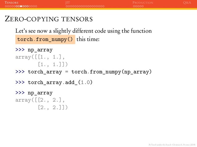 PyTorch under the hood - Christian S. Perone (2019)
TENSORS JIT PRODUCTION Q&A
ZERO-COPYING TENSORS
Let’s see now a slightly different code using the function
torch.from_numpy() this time:
>>> np_array
array([[1., 1.],
[1., 1.]])
>>> torch_array = torch.from_numpy(np_array)
>>> torch_array.add_(1.0)
>>> np_array
array([[2., 2.],
[2., 2.]])
