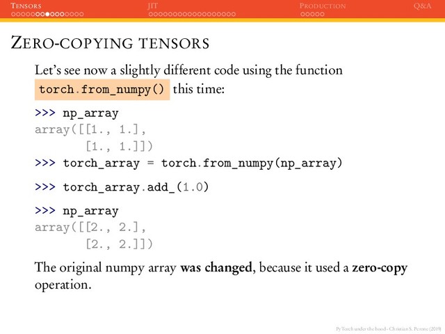 PyTorch under the hood - Christian S. Perone (2019)
TENSORS JIT PRODUCTION Q&A
ZERO-COPYING TENSORS
Let’s see now a slightly different code using the function
torch.from_numpy() this time:
>>> np_array
array([[1., 1.],
[1., 1.]])
>>> torch_array = torch.from_numpy(np_array)
>>> torch_array.add_(1.0)
>>> np_array
array([[2., 2.],
[2., 2.]])
The original numpy array was changed, because it used a zero-copy
operation.

