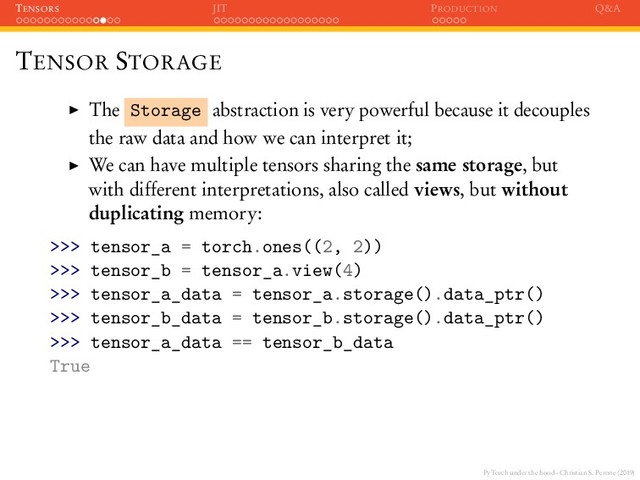 PyTorch under the hood - Christian S. Perone (2019)
TENSORS JIT PRODUCTION Q&A
TENSOR STORAGE
The Storage abstraction is very powerful because it decouples
the raw data and how we can interpret it;
We can have multiple tensors sharing the same storage, but
with different interpretations, also called views, but without
duplicating memory:
>>> tensor_a = torch.ones((2, 2))
>>> tensor_b = tensor_a.view(4)
>>> tensor_a_data = tensor_a.storage().data_ptr()
>>> tensor_b_data = tensor_b.storage().data_ptr()
>>> tensor_a_data == tensor_b_data
True
