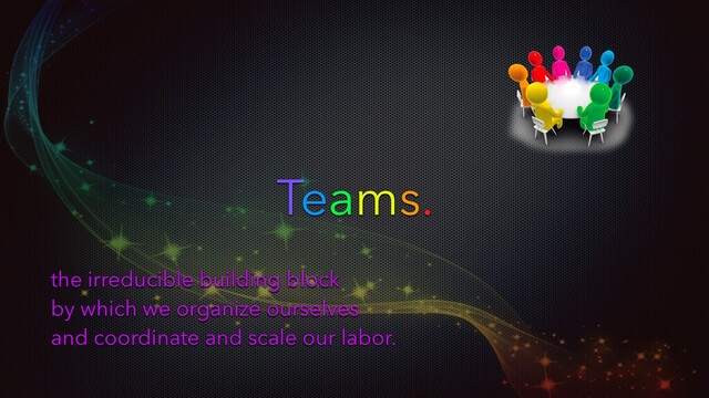 the irreducible building block
by which we organize ourselves
and coordinate and scale our labor.
Teams.

