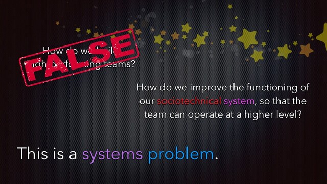 How do we improve the functioning of
our sociotechnical system, so that the
team can operate at a higher level?
This is a systems problem.
How do we build
high-performing teams?
