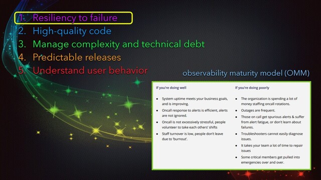 1. Resiliency to failure
2. High-quality code
3. Manage complexity and technical debt
4. Predictable releases
5. Understand user behavior observability maturity model (OMM)
