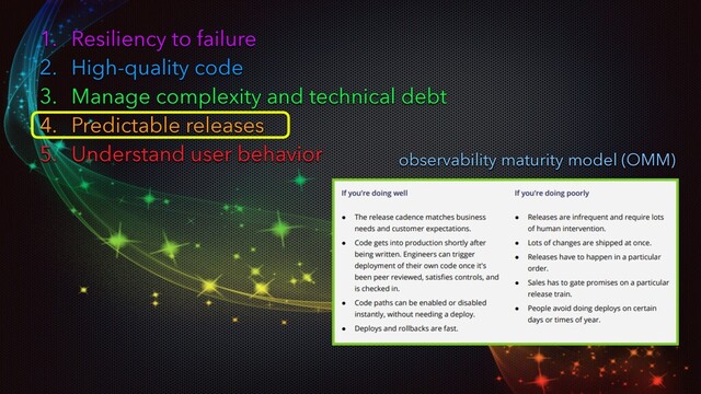 1. Resiliency to failure
2. High-quality code
3. Manage complexity and technical debt
4. Predictable releases
5. Understand user behavior observability maturity model (OMM)
