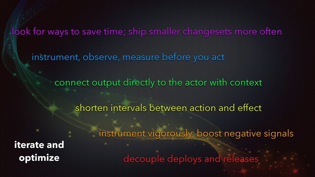 look for ways to save time; ship smaller changesets more often
instrument, observe, measure before you act
connect output directly to the actor with context
shorten intervals between action and effect
instrument vigorously, boost negative signals
decouple deploys and releases
iterate and
optimize
