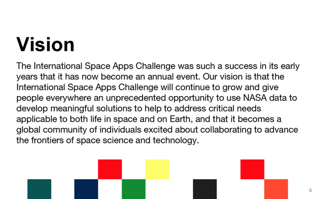 The International Space Apps Challenge was such a success in its early
years that it has now become an annual event. Our vision is that the
International Space Apps Challenge will continue to grow and give
people everywhere an unprecedented opportunity to use NASA data to
develop meaningful solutions to help to address critical needs
applicable to both life in space and on Earth, and that it becomes a
global community of individuals excited about collaborating to advance
the frontiers of space science and technology.
6
Vision
