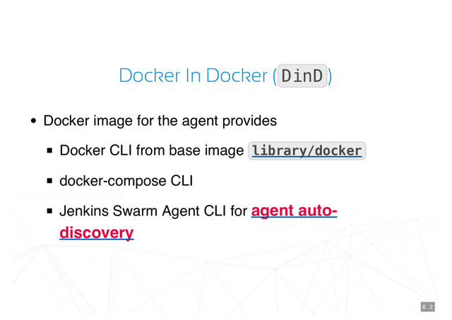 Docker In Docker ( DinD )
Docker image for the agent provides
Docker CLI from base image
docker-compose CLI
Jenkins Swarm Agent CLI for
library/docker
agent auto-
discovery
6 . 2
