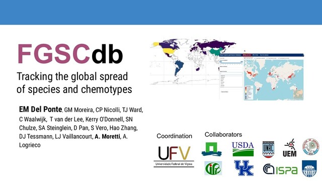FGSCdb
Tracking the global spread
of species and chemotypes
EM Del Ponte, GM Moreira, CP Nicolli, TJ Ward,
C Waalwijk, T van der Lee, Kerry O'Donnell, SN
Chulze, SA Steinglein, D Pan, S Vero, Hao Zhang,
DJ Tessmann, LJ Vaillancourt, A. Moretti, A.
Logrieco
Coordination Collaborators
