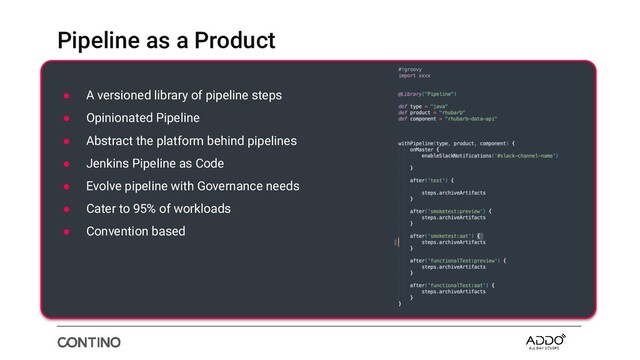 Pipeline as a Product
● A versioned library of pipeline steps
● Opinionated Pipeline
● Abstract the platform behind pipelines
● Jenkins Pipeline as Code
● Evolve pipeline with Governance needs
● Cater to 95% of workloads
● Convention based
