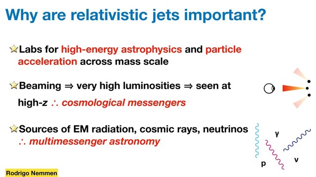 Why are relativistic jets important?
Labs for high-energy astrophysics and particle
acceleration across mass scale
Beaming 㱺 very high luminosities 㱺 seen at
high-z ∴ cosmological messengers
Sources of EM radiation, cosmic rays, neutrinos
∴ multimessenger astronomy
γ
ν
p
Rodrigo Nemmen
