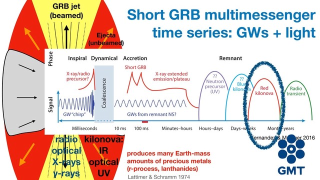 fallback
material
GRB jet
(beamed)
Lattimer & Schramm 1974 

produces many Earth-mass
amounts of precious metals
(r-process, lanthanides)
Ejecta
(unbeamed)
radio
optical
X-rays
γ-rays
kilonova:
IR
optical
UV
Short GRB multimessenger
time series: GWs + light
Fernandez & Metzger 2016

nandez-Metzger ARI 4 May 2016 13:30
Event Signal Phase
Coalescence
X-ray/radio
precursor?
μ
Ω
r-process
ms magnetar?
Short GRB
X-ray extended
emission/plateau
Ye
> 0.25
Ye
< 0.25
Free n?
Shocked ISM
GW “chirp” GWs from remnant NS?
Inspiral Dynamical Accretion Remnant
BH
??
Blue
kilonova
??
Neutron
precursor
(UV)
Red
kilonova
Radio
transient
Seconds Milliseconds 10 ms 100 ms Minutes–hours Hours–days Days–weeks Month–years
Event Signal
Coalescence
X-ray/radio
precursor?
μ
Ω
r-process
ms magnetar?
Short GRB
X-ray extended
emission/plateau
Ye
> 0.25
Ye
< 0.25
Free n?
Shocked ISM
GW “chirp” GWs from remnant NS?
NS
BH
NS
??
Blue
kilonova
??
Neutron
precursor
(UV)
Red
kilonova
Radio
transient
Figure 1
Phases of a neutron star (NS) merger as a function of time, showing the associated observational signatures
and underlying physical phenomena. Abbreviations: BH, black hole; GRB, γ -ray burst; GW, gravitational
wave; ISM, interstellar medium; n, neutron; UV, ultraviolet; Ye
, electron fraction. Coalescence inset
courtesy of D. Price and S. Rosswog (see also Reference 15).
