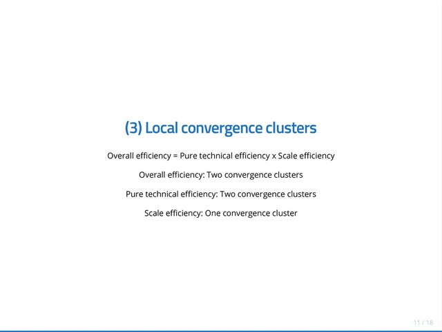 (3) Local convergence clusters
Overall efficiency = Pure technical efficiency x Scale efficiency
Overall efficiency: Two convergence clusters
Pure technical efficiency: Two convergence clusters
Scale efficiency: One convergence cluster
