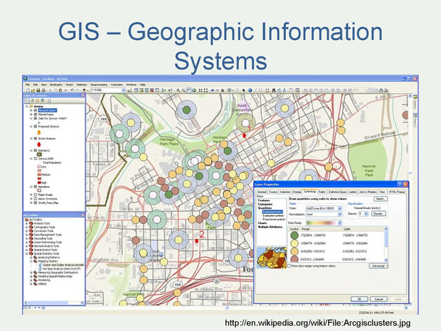 GIS – Geographic Information
Systems
http://en.wikipedia.org/wiki/File:Arcgisclusters.jpg
