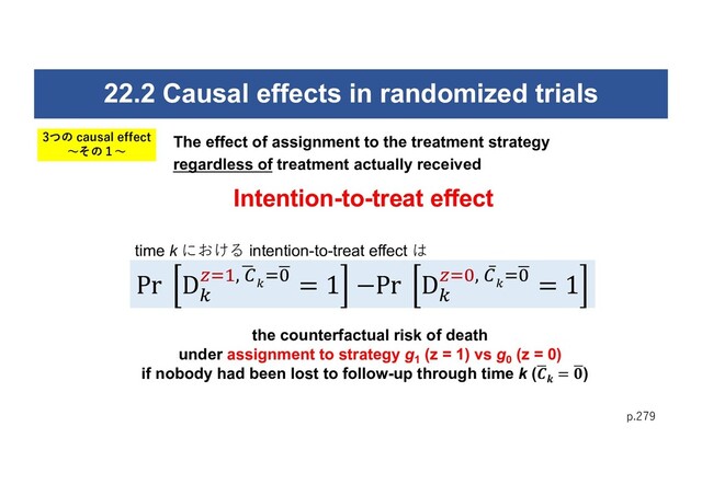 22.2 Causal effects in randomized trials
p.279
Intention-to-treat effect
The effect of assignment to the treatment strategy
regardless of treatment actually received
Pr D
$
%&',)
*
$
&)
+ = 1 −Pr D
$
%&+, ̅
*
$
&)
+ = 1
time k における intention-to-treat effect は
the counterfactual risk of death
under assignment to strategy g1
(z = 1) vs g0
(z = 0)
if nobody had been lost to follow-up through time k ()
01
= )
2)
3つの causal effect
〜その１〜
