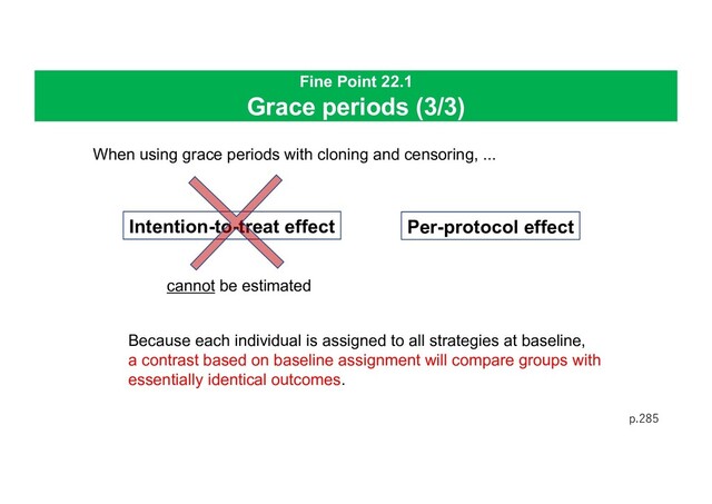 Fine Point 22.1
Grace periods (3/3)
p.285
When using grace periods with cloning and censoring, ...
Because each individual is assigned to all strategies at baseline,
a contrast based on baseline assignment will compare groups with
essentially identical outcomes.
Intention-to-treat effect Per-protocol effect
cannot be estimated
