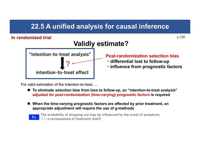 22.5 A unified analysis for causal inference
p.286
“intention-to-treat analysis”
n To eliminate selection bias from loss to follow-up, an “intention-to-treat analysis”
adjusted for post-randomization (time-varying) prognostic factors is required
n When the time-varying prognostic factors are affected by prior treatment, an
appropriate adjustment will require the use of g-methods
intention-to-treat effect
For valid estimation of the intention-to-treat, ...
Validly estimate?
The probability of dropping out may be influenced by the onset of symptoms
( = a consequence of treatment itself)
Ex
Post-randomization selection bias
・differential lost to follow-up
・influence from prognostic factors
In randomized trial
