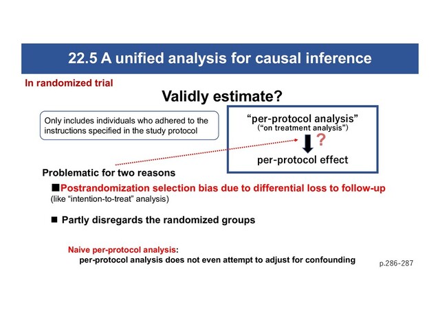 22.5 A unified analysis for causal inference
p.286-287
“per-protocol analysis”
per-protocol effect
Validly estimate?
(“on treatment analysis”)
Only includes individuals who adhered to the
instructions specified in the study protocol
Problematic for two reasons
■Postrandomization selection bias due to differential loss to follow-up
(like “intention-to-treat” analysis)
n Partly disregards the randomized groups
Naive per-protocol analysis:
per-protocol analysis does not even attempt to adjust for confounding
In randomized trial

