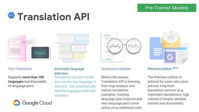 Translation API
Supports more than 100
languages and thousands
of language pairs.
Behind the scenes,
Translation API is learning
from logs analysis and
human translation
examples. Existing
language pairs improve and
new language pairs come
online at no additional cost.
Sometimes you don’t know
your source text language in
advance. Can automatically
identify languages with high
accuracy.
Automatic language
detection
The Premium edition is
tailored for users who need
precise, long-form
translation services (e.g.
livestream translations, high
volume of emails, detailed
articles and documents)
Premium edition BETA
Text Translation Continuous Updates
Pre-Trained Models

