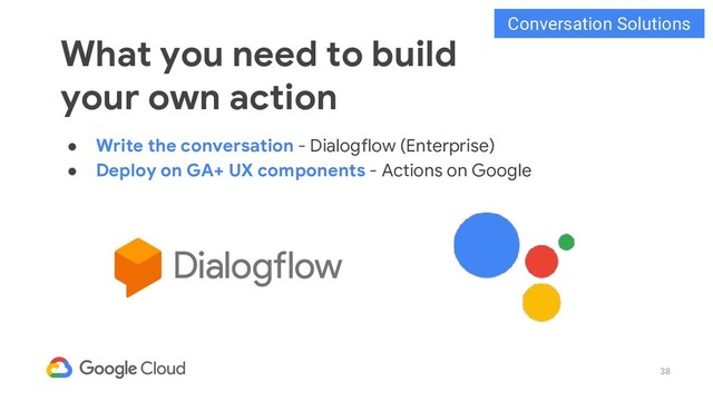 38
● Write the conversation - Dialogflow (Enterprise)
● Deploy on GA+ UX components - Actions on Google
What you need to build
your own action
Conversation Solutions
