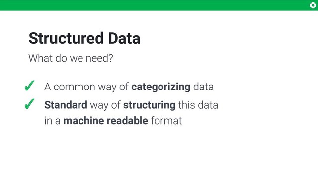 Structured Data
✓ categorizing
✓ Standard structuring
machine readable
