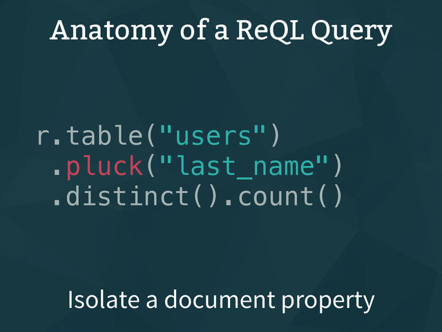 Anatomy of a ReQL Query
r.table("users")
.pluck("last_name")
.distinct().count()
Isolate a document property
