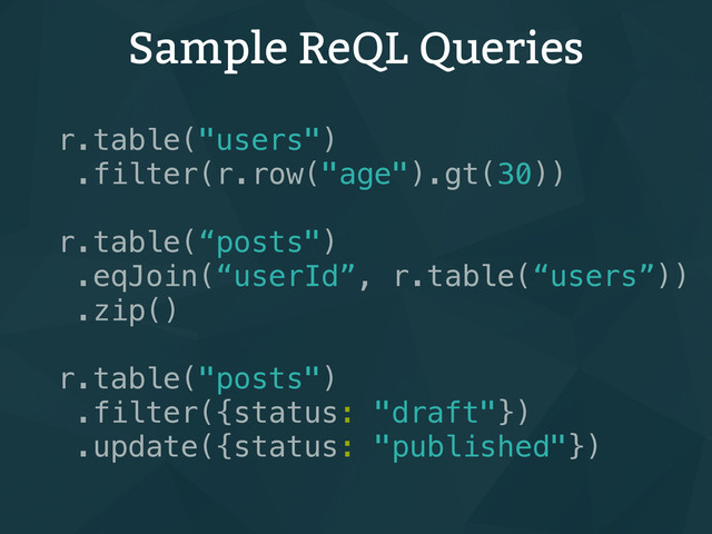 Sample ReQL Queries
r.table("users")
.filter(r.row("age").gt(30))
r.table(“posts")
.eqJoin(“userId”, r.table(“users”))
.zip()
r.table("posts")
.filter({status: "draft"})
.update({status: "published"})
