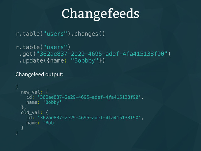 Changefeeds
r.table("users").changes()
r.table("users")
.get("362ae837-2e29-4695-adef-4fa415138f90")
.update({name: "Bobbby"})
Changefeed output:
{
new_val: {
id: '362ae837-2e29-4695-adef-4fa415138f90',
name: 'Bobby'
},
old_val: {
id: '362ae837-2e29-4695-adef-4fa415138f90',
name: 'Bob'
}
}
