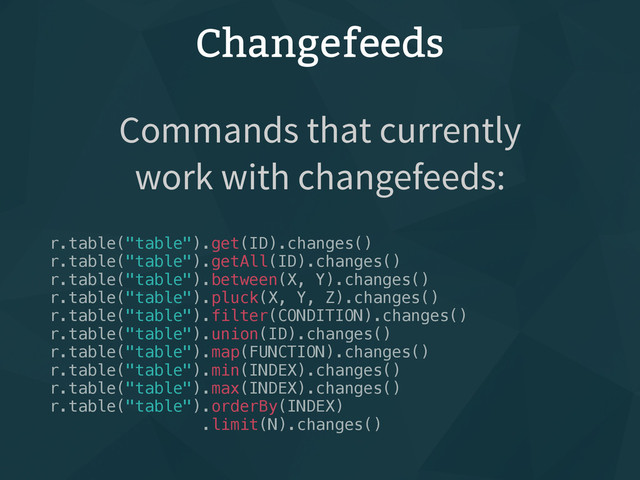 Changefeeds
r.table("table").get(ID).changes()
r.table("table").getAll(ID).changes()
r.table("table").between(X, Y).changes()
r.table("table").pluck(X, Y, Z).changes()
r.table("table").filter(CONDITION).changes()
r.table("table").union(ID).changes()
r.table("table").map(FUNCTION).changes()
r.table("table").min(INDEX).changes()
r.table("table").max(INDEX).changes()
r.table("table").orderBy(INDEX)
.limit(N).changes()
Commands that currently
work with changefeeds:
