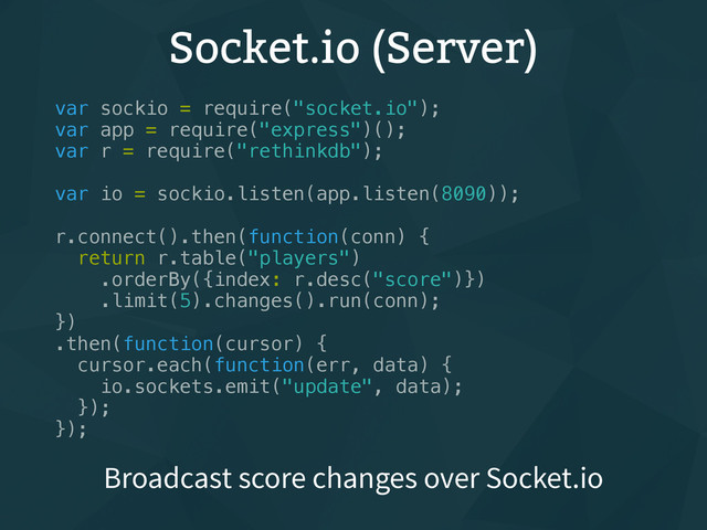 Socket.io (Server)
var sockio = require("socket.io");
var app = require("express")();
var r = require("rethinkdb");
var io = sockio.listen(app.listen(8090));
r.connect().then(function(conn) {
return r.table("players")
.orderBy({index: r.desc("score")})
.limit(5).changes().run(conn);
})
.then(function(cursor) {
cursor.each(function(err, data) {
io.sockets.emit("update", data);
});
});
Broadcast score changes over Socket.io

