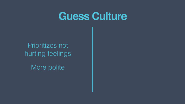 Guess Culture
Prioritizes not  
hurting feelings
More polite
