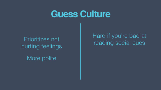Guess Culture
Prioritizes not  
hurting feelings
More polite
Hard if you’re bad at  
reading social cues
