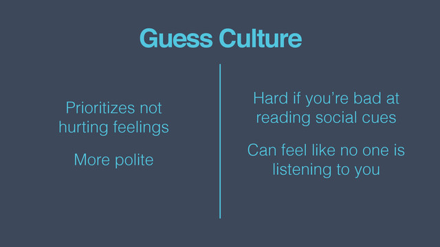 Guess Culture
Prioritizes not  
hurting feelings
More polite
Hard if you’re bad at  
reading social cues
Can feel like no one is
listening to you
