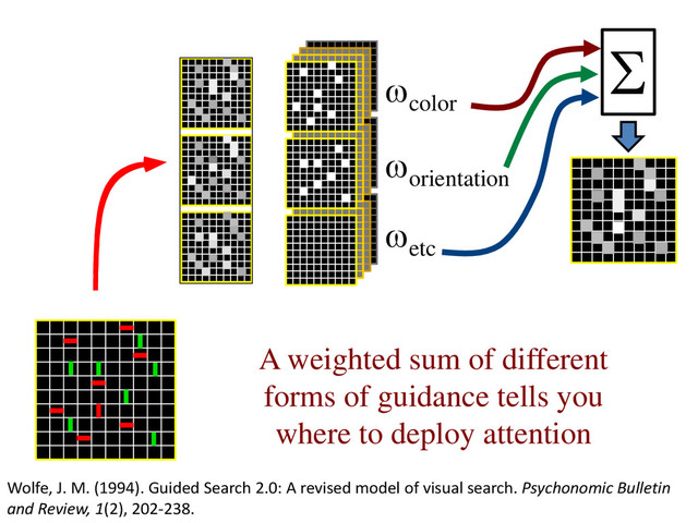 A weighted sum of different
forms of guidance tells you
where to deploy attention
ωcolor
ωorientation
ωetc
Σ
Wolfe, J. M. (1994). Guided Search 2.0: A revised model of visual search. Psychonomic Bulletin
and Review, 1(2), 202-238.
