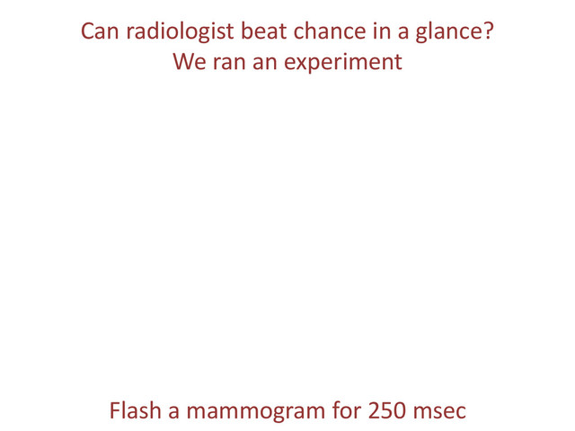 Can radiologist beat chance in a glance?
We ran an experiment
Look here
Flash a mammogram for 250 msec
