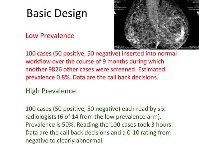 Basic Design
Low Prevalence
100 cases (50 positive, 50 negative) inserted into normal
workflow over the course of 9 months during which
another 9826 other cases were screened. Estimated
prevalence 0.8%. Data are the call back decisions.
High Prevalence
100 cases (50 positive, 50 negative) each read by six
radiologists (6 of 14 from the low prevalence arm).
Prevalence is 50%. Reading the 100 cases took 3 hours.
Data are the call back decisions and a 0-10 rating from
negative to clearly abnormal.
